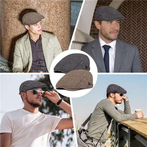 2 Pack Newsboy Hats for Men Classic Herringbone Tweed Wool Blend Flat - Picture 6 of 7